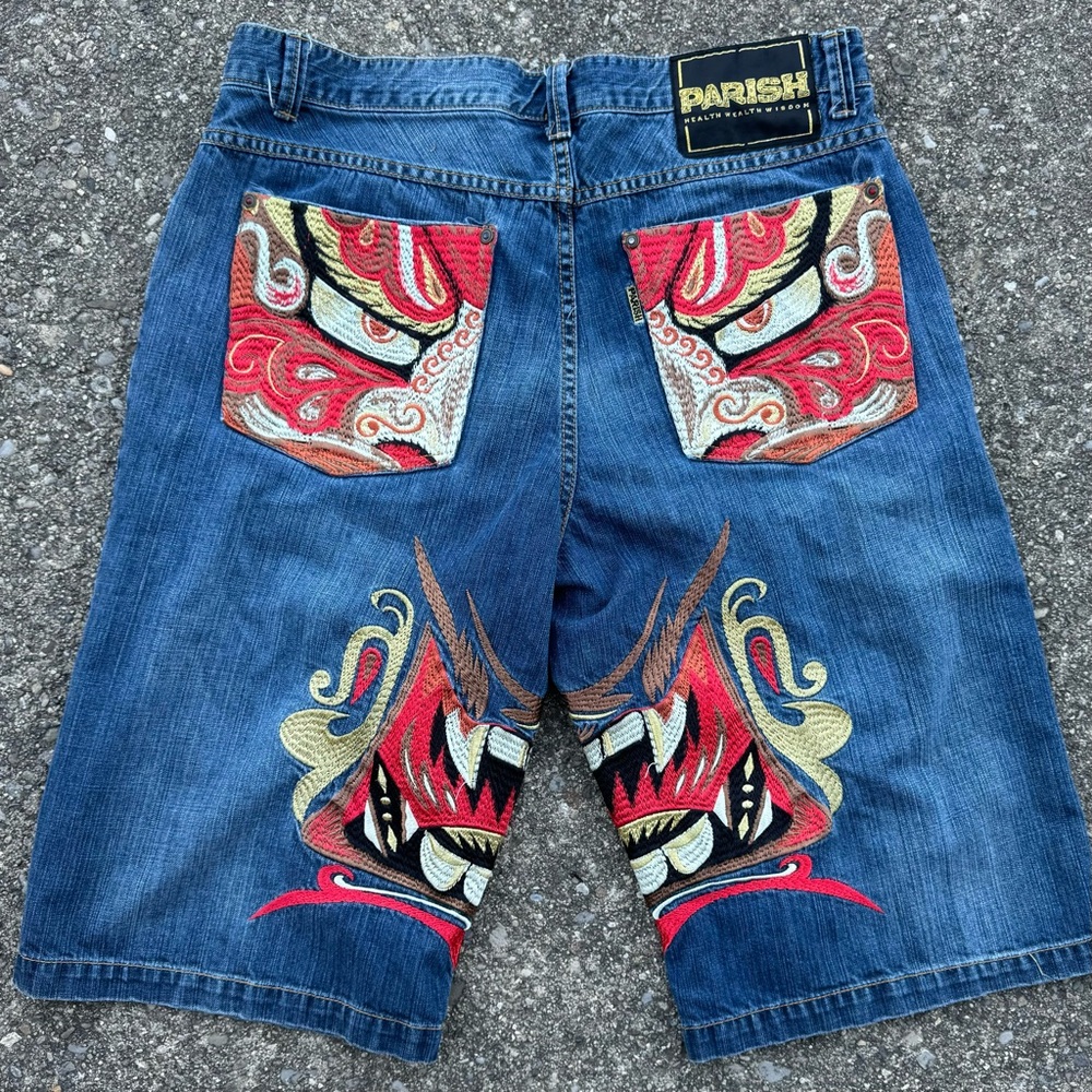 Parish Shorts Embellished Denim Mens Sz36 Face Mask Print 2009